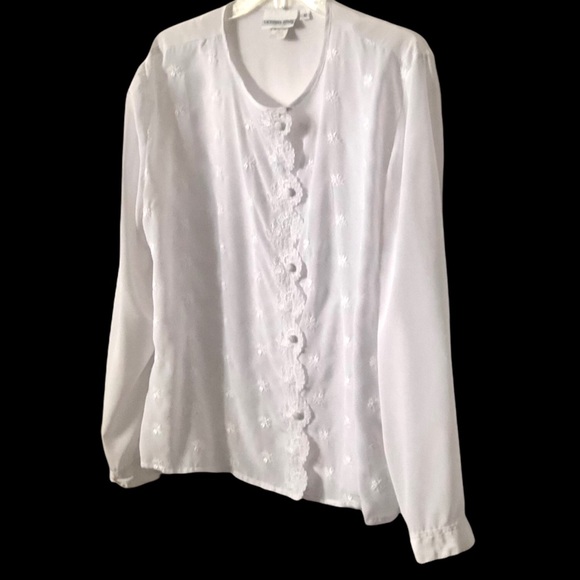 Victoria Jones Womens White Long-sleeve Scalloped Button Down Shirt Top Size 10 - Picture 11 of 11